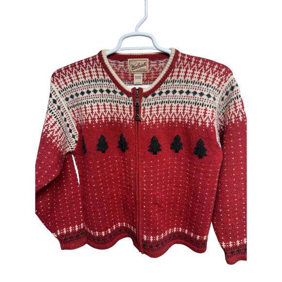 Woolrich Women's Red & Cream Fair Isle Holiday Tree Wool Zip Cardigan Sweater M - Picture 1 of 7